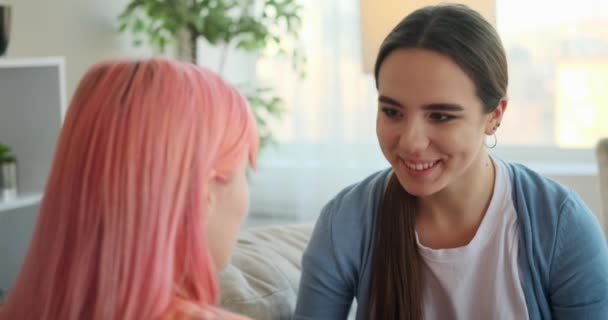 Feliz casal lésbico discutindo em casa — Vídeo de Stock