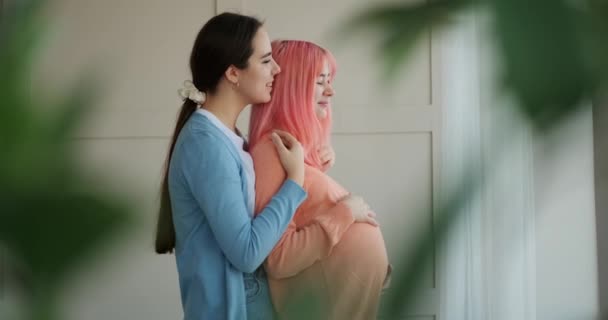 Nő beszél terhes barátnője hátulról — Stock videók