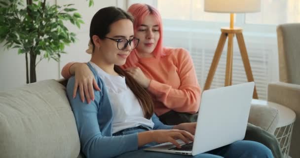 Coppia lesbica utilizzando il computer portatile a casa — Video Stock