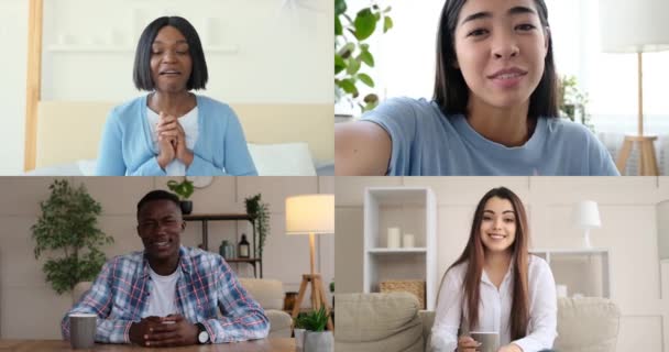 Tela de quatro amigos se conectando através de chamada de vídeo — Vídeo de Stock