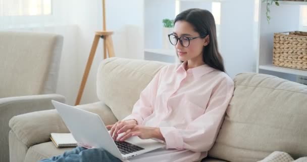 Laptopot használó nő a kanapén — Stock videók