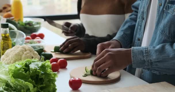 Concombre de coupe couple afro-américain sur planche à découper — Video