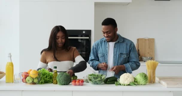 Casal se divertindo enquanto prepara comida na cozinha — Vídeo de Stock