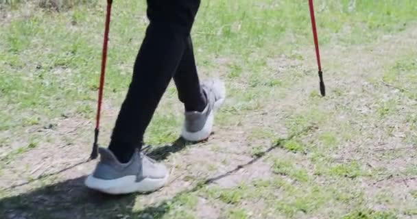 African American man walking with backpack and hiking poles — Stock Video