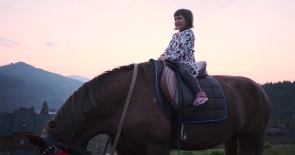 Little girl riding horse in farm — Stock Video