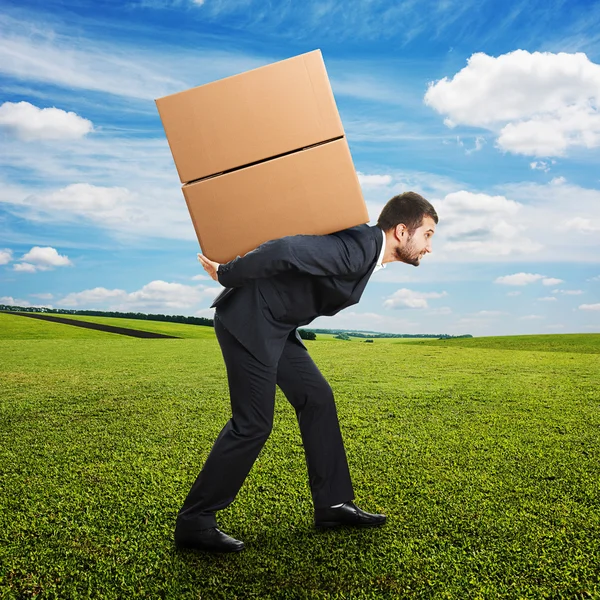 Man carrying boxes on the field — Stock Photo, Image