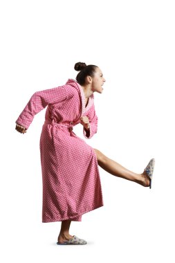 angry housewife in pink dressing gown clipart