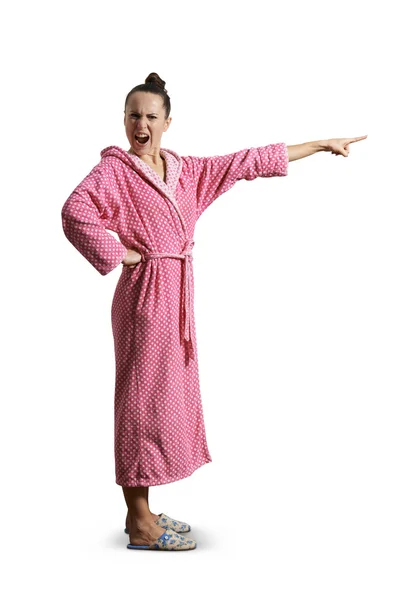 Screaming woman in pink dressing gown — Stock Photo, Image