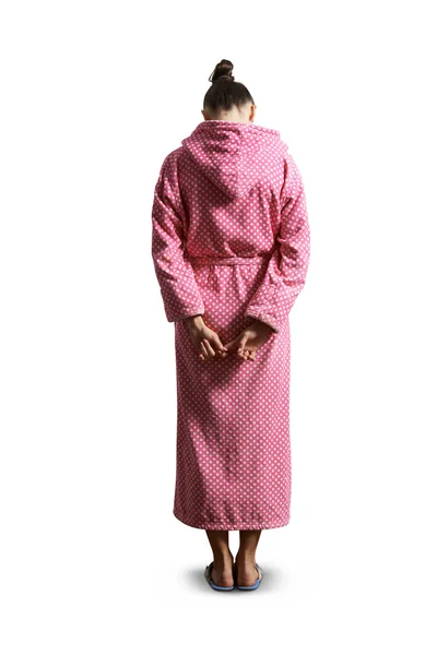 Schuldige Frau im rosa Morgenmantel — Stockfoto