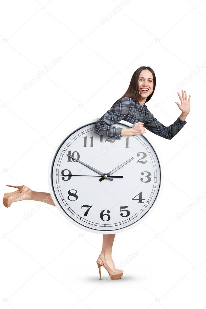 laughing woman with clock running