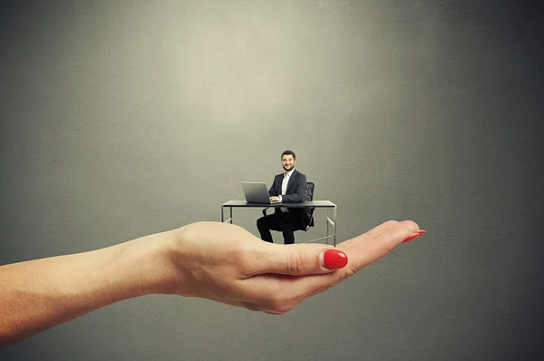 Big female palm holding small man — Stock Photo, Image