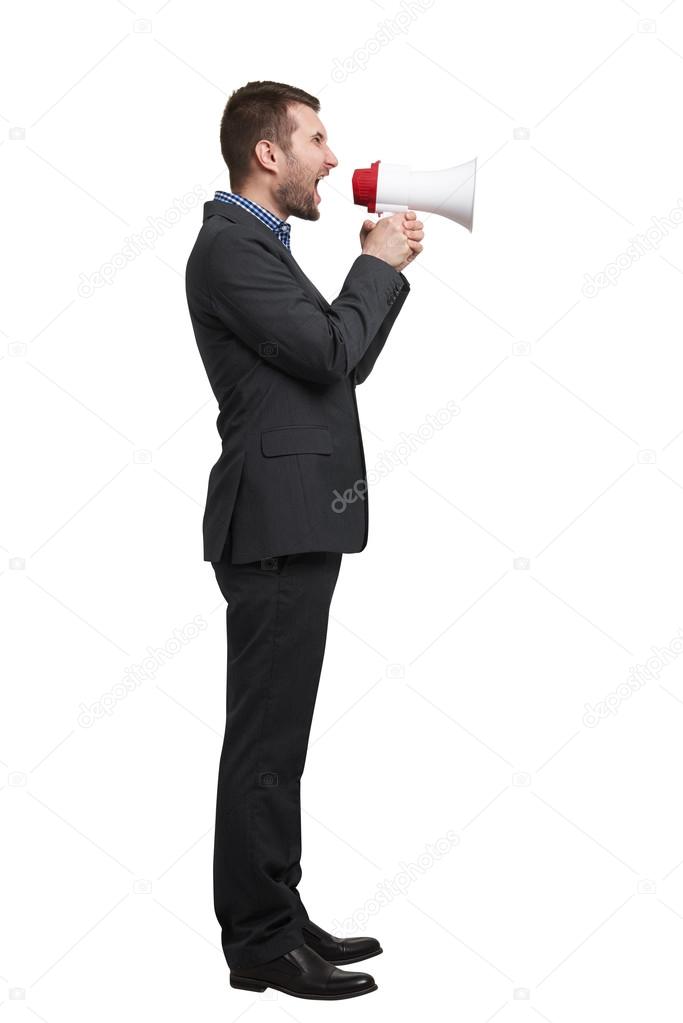 man in black suit with megaphone