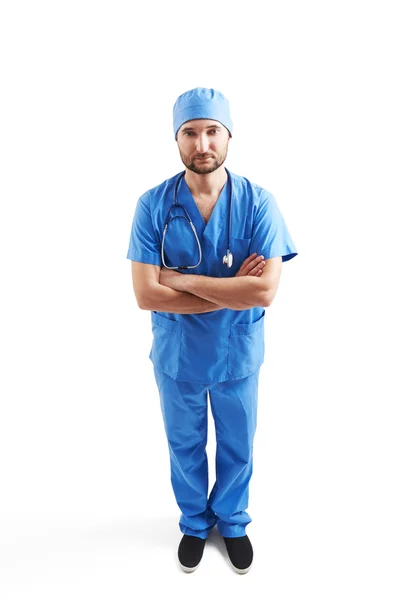 Ernstige man in blauwe scrubs — Stockfoto