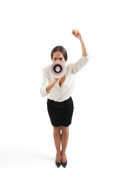 Mujer gritando con megáfono — Foto de Stock