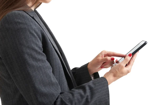 Foto de vista lateral de la mujer con el teléfono inteligente — Foto de Stock