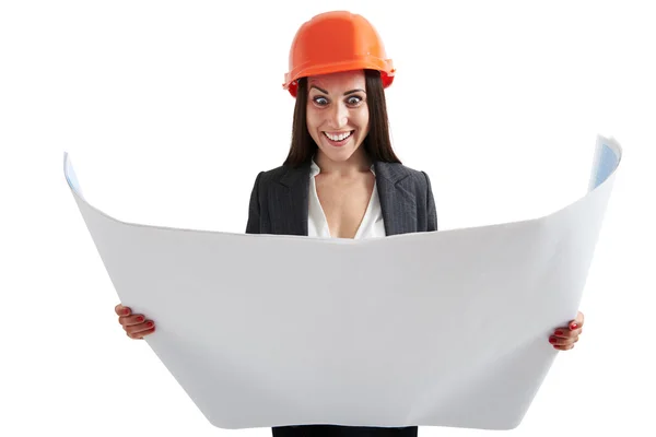 Woman looking at blueprint — Stock Photo, Image