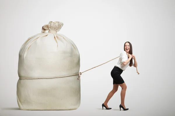 Woman pulling big bag — Stock Photo, Image