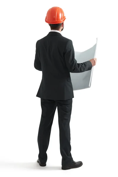 Back view of businessman in orange hardhat — Stock Photo, Image