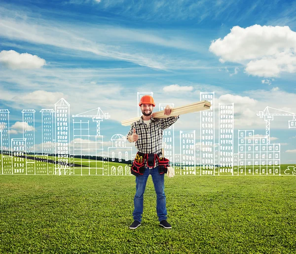 Mann gegen Landschaft mit Zeichnung weißer Stadt — Stockfoto