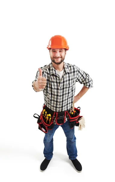 Constructor sonriente en sombrero duro y cinturón — Foto de Stock