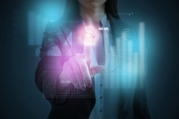 Businesswoman pressing button on virtual screen of cloud computi — Stock Photo, Image