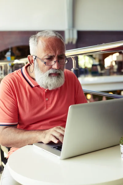 Koncentrované starší muž pomocí přenosného počítače — Stock fotografie