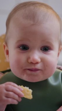 Neşeli bir kız bebek yüksek bir sandalyede oturur ve gülerken elleriyle bir parça yemek yer. Kendini besleme ve erken gelişim kavramı. Dikey video.