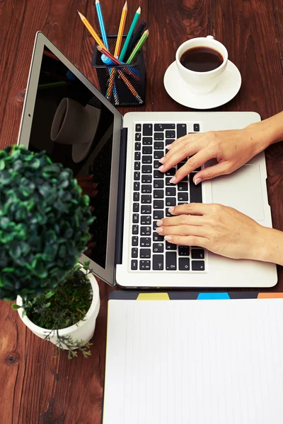 Vertikales Foto von Geschäftsfrauen Hände mit Laptop — Stockfoto