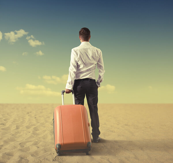 businessman with bag standing in desert