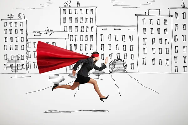 Businesswoman wearing like superhero very fast running in drawed — Stock Photo, Image