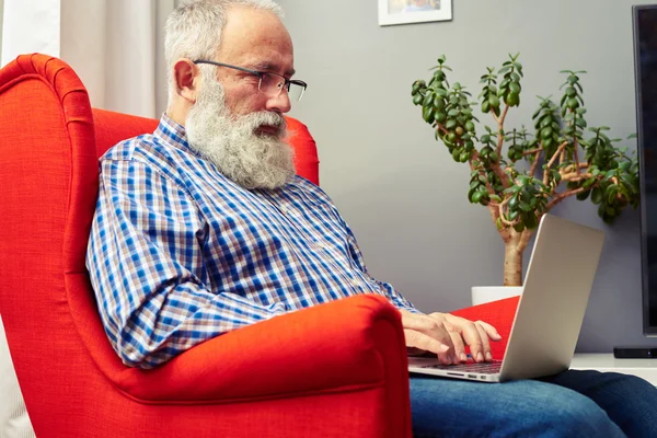 Bärtiger Senior sitzt mit Laptop — Stockfoto