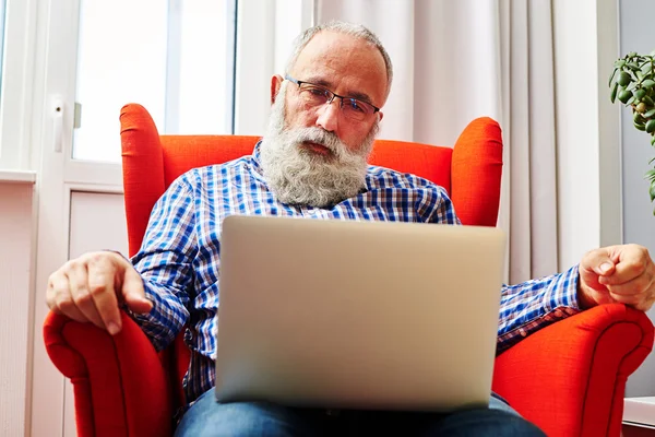 Человек сидит на стуле и смотрит на ноутбук — стоковое фото