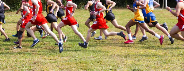 Sidovy Över Början Pojkar Längdåkning Kör Race Gräs — Stockfoto