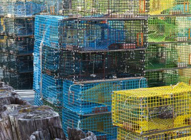Portland Maine 'de bir rıhtımda üst üste yığılmış ıstakoz tuzakları..