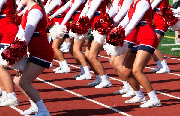 High School Cheerleaders Red White Uniforms Cheering Fans Football Game — Stock Photo, Image