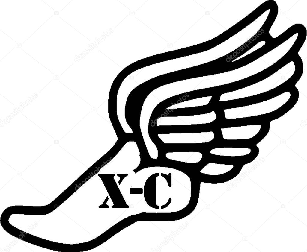 The letters X-C written in the foot of a flying runners foot logo which is a symbol for cross country running.