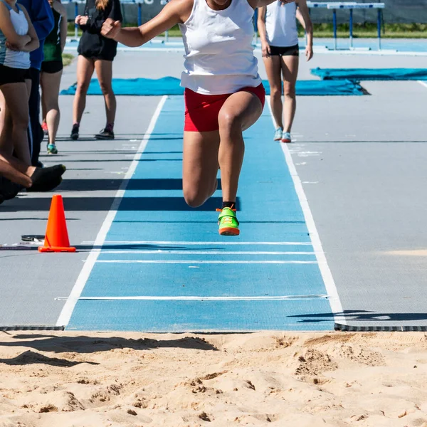 High School Girl Competiting Triple Jump Track Meet Outdoors — Stock Photo, Image