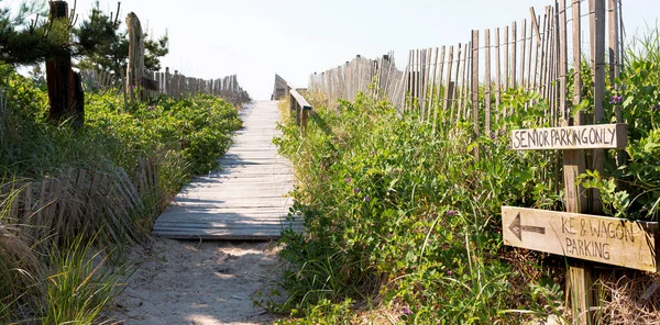 Path from summer homes to the Atlantic Ocean beaches of Fire Island with wood on the sand, hand rails and picket fenceing with green shrubs and wagon parking sign.