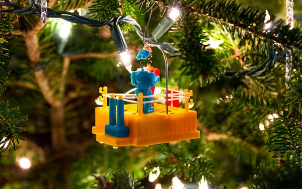 Rock Sock Robots Holiday Christmas Ornament Hanging Christmas Tree Surrounded — Stock Photo, Image