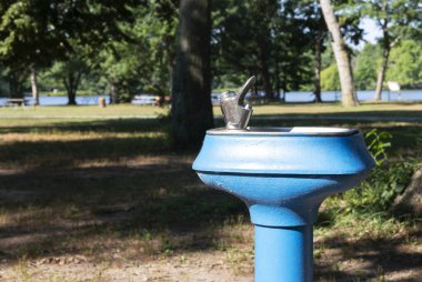 New York 'taki Belmont Gölü Eyalet Parkı' ndaki mavi bir çeşmenin tepesinde..