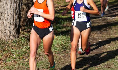 Ormanda, ağaçların arasında, tepeden aşağıya doğru koşan liseli kızların önü..
