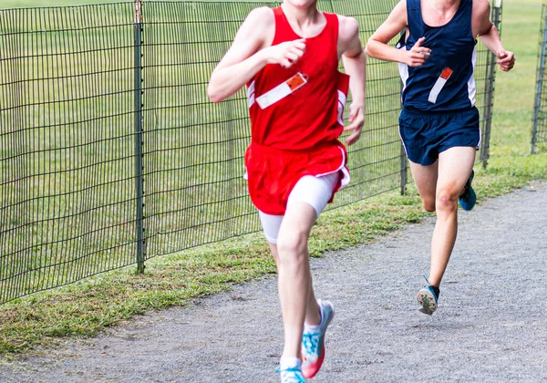 Dois Meninos Ensino Médio Correndo Uma Corrida Cross Country Caminho — Fotografia de Stock