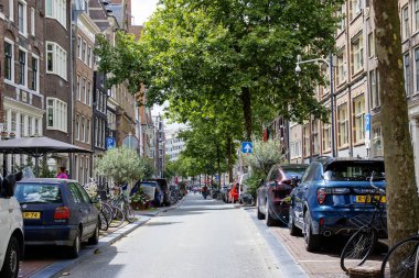 Amsterdam, Hollanda - 5 Ağustos 2025: Ağaçlar, park edilmiş arabalar ve bisikletlerle dolu sakin bir Amsterdam caddesi.