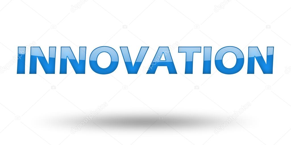 Word INNOVATION with blue letters and shadow. Illustration, isolated on white
