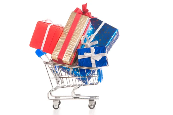 Shopping cart and Holiday gifts. — Stock Photo, Image