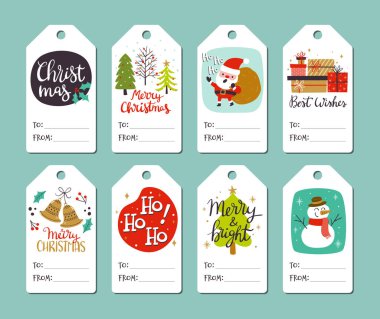 Düzenlenebilir boş alanı olan Noel etiketleri koleksiyonu. Noel hediyelerine eklemek için mükemmel. Eps10 vektör illüstrasyonu.