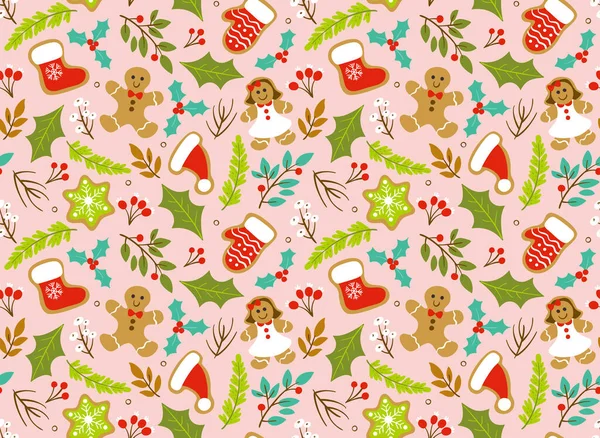 Christmas Seamless Pattern Seasonal Leaves Branches Gingerbread Cookies Pink Background — Stock Vector