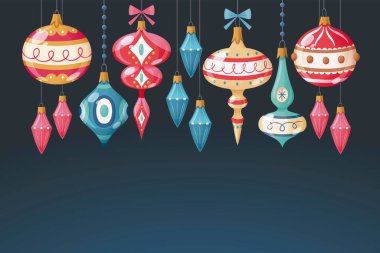 Hoş bir Noel dekoratif geçmişi var. Peyzaj biçimi. Renkli ayrıntılı illüstrasyon.