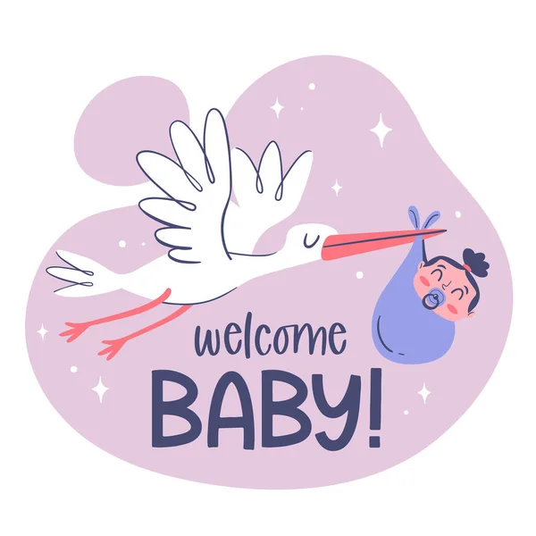 Niedliche Babykartenvorlage Mit Einem Handgezeichneten Storch Der Ein Kleines Mädchen — Stockvektor