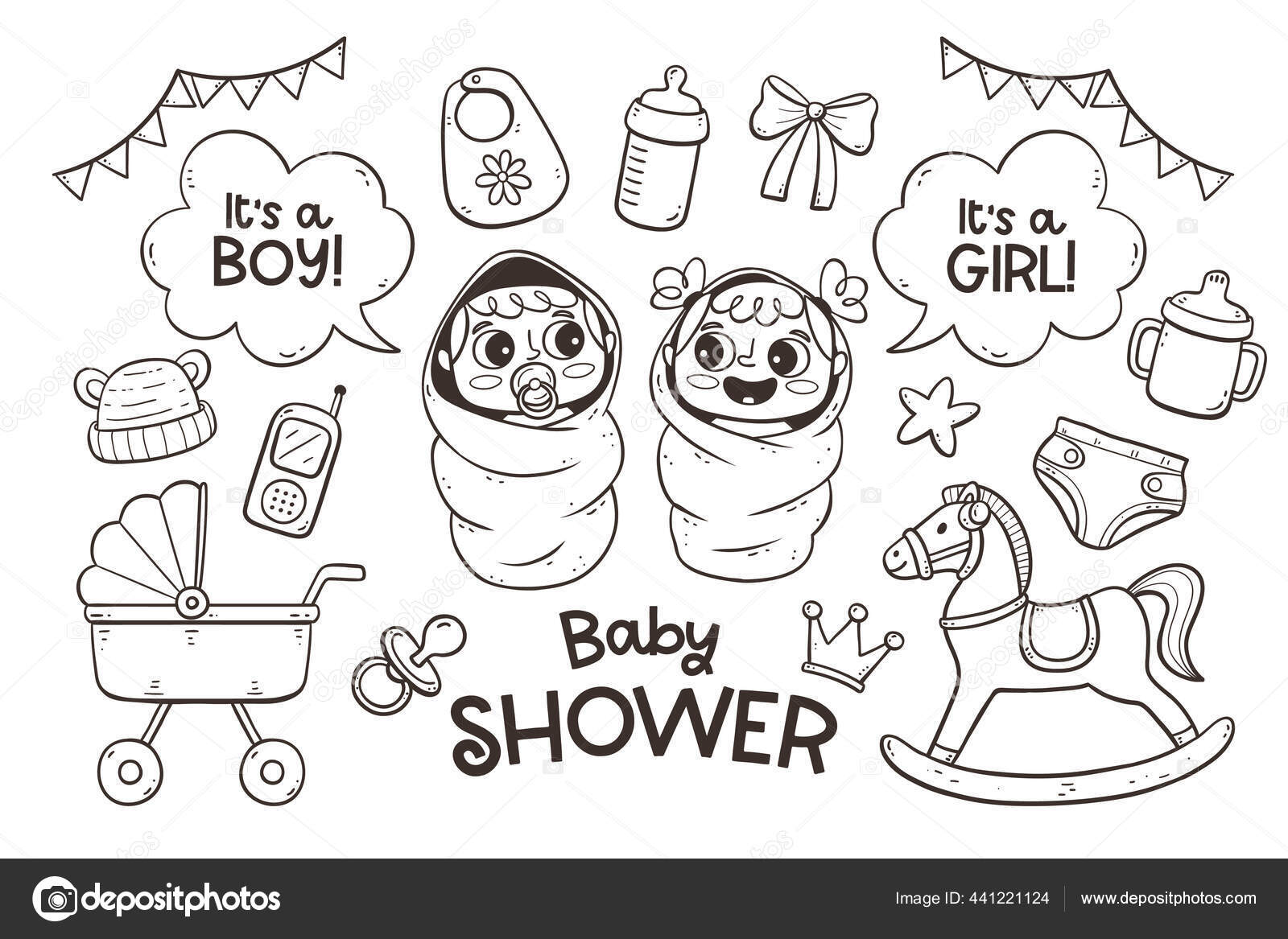 白い背景に描かれたかわいい手描きの赤ちゃんと新生児のアクセサリーのセット 漫画の赤ちゃんの女の子とラベルを持つ赤ちゃんの男の子 落書きベクトルイラスト ストックベクター C Insemar